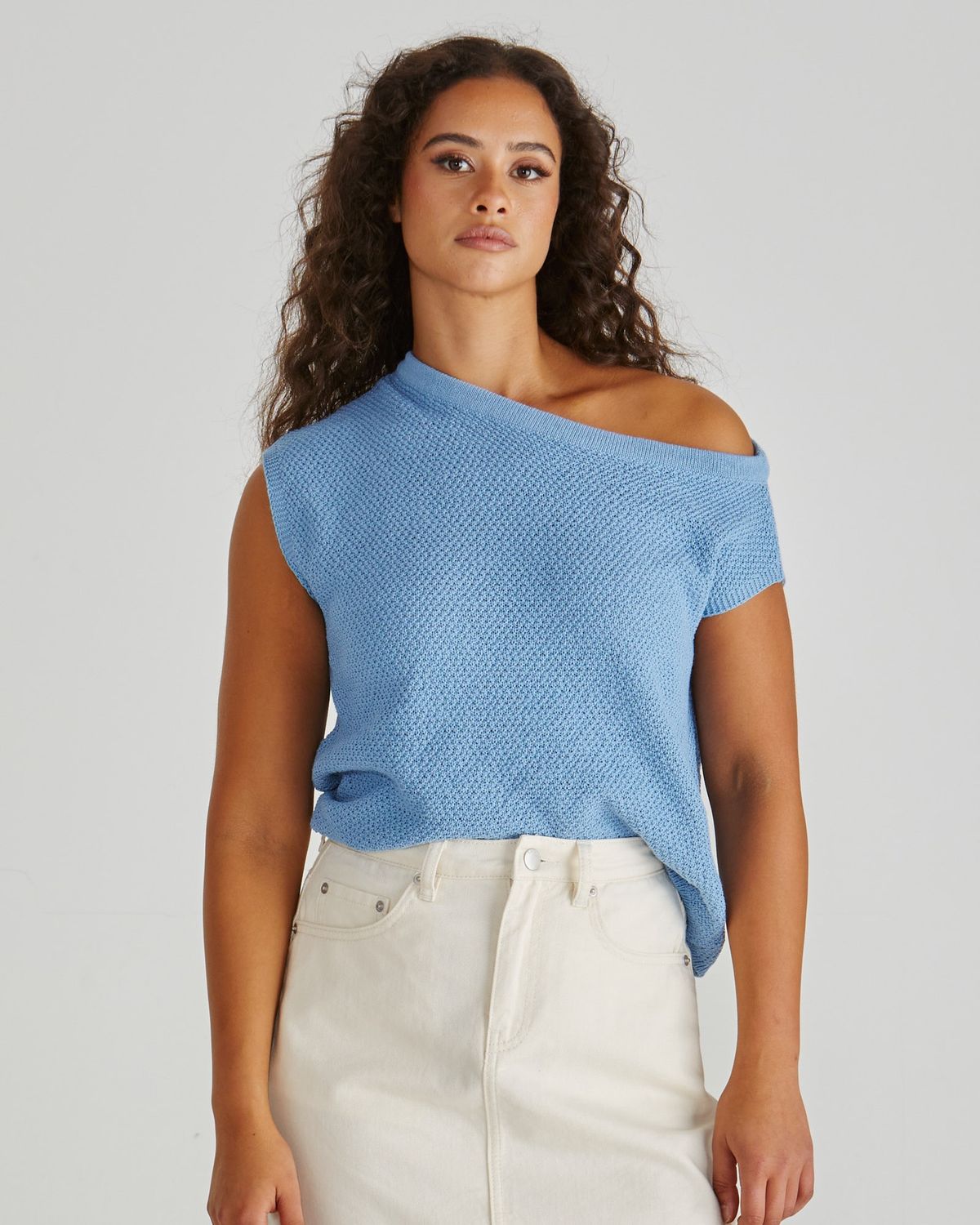 Sass Jaci Knit Top blue off-shoulder sweater for women, perfect casual summer style.