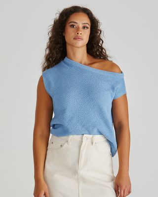 Sass Jaci Knit Top blue off-shoulder sweater for women, perfect casual summer style.