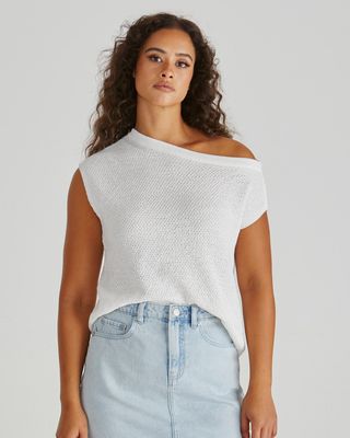 Sass Jaci Knit top, White, Women&#39;s Off-Shoulder Knit Sweater, Relaxed Fit.