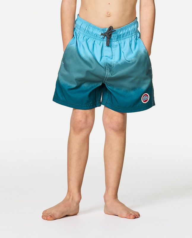 A boy model wearing he Ripcurl Boys Dip Volley Shorts [1-8YEARS] showing the draw string and two function pockets.