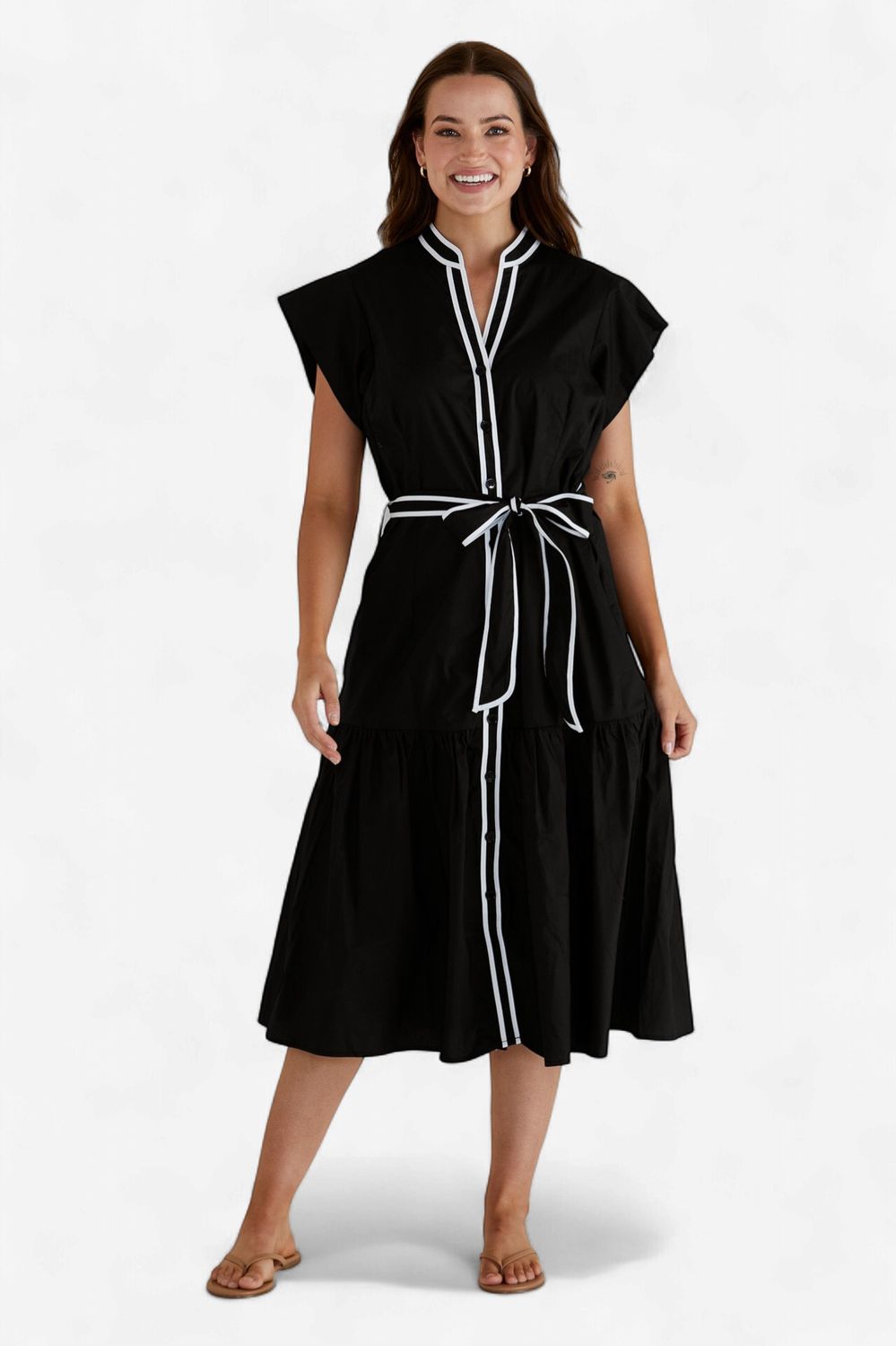 Betty Basics Mari Dress Black Midi with White Piping and Belt. Women's tiered button-front summer cotton poplin dress.