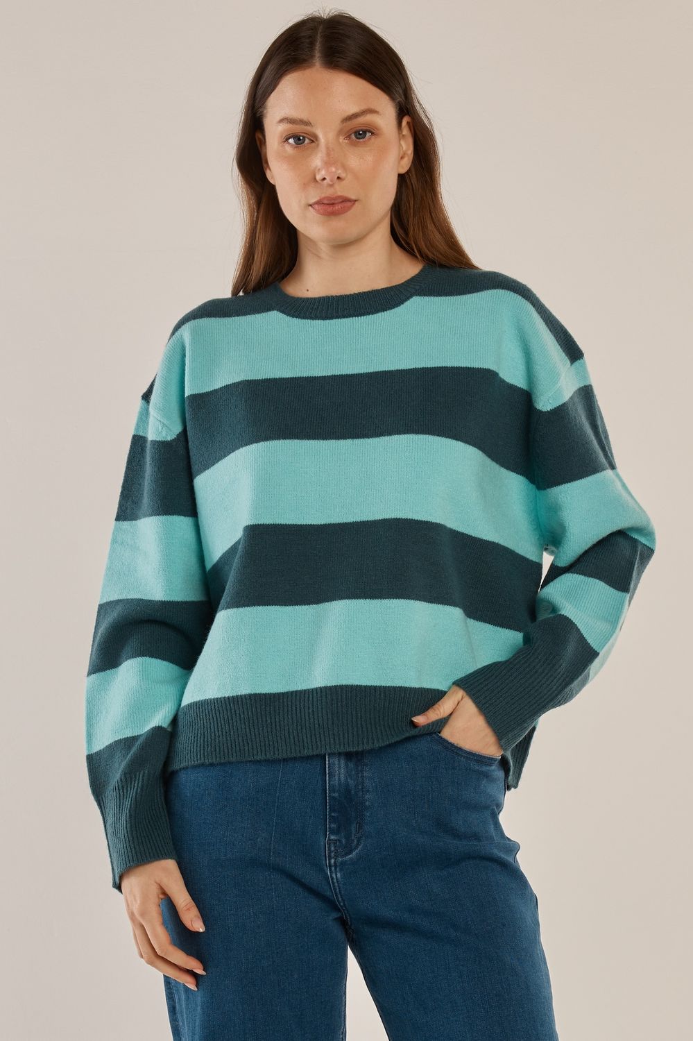 Leonie Knit Sweater in Teal and Blue Stripe