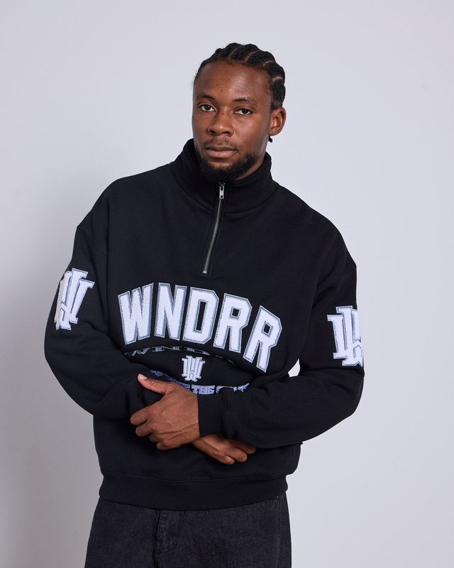 Men wearing the Wndrr Institute 1/4 Zip Sweat fleece in jet black with Wndrr brand on the chest and sleeves