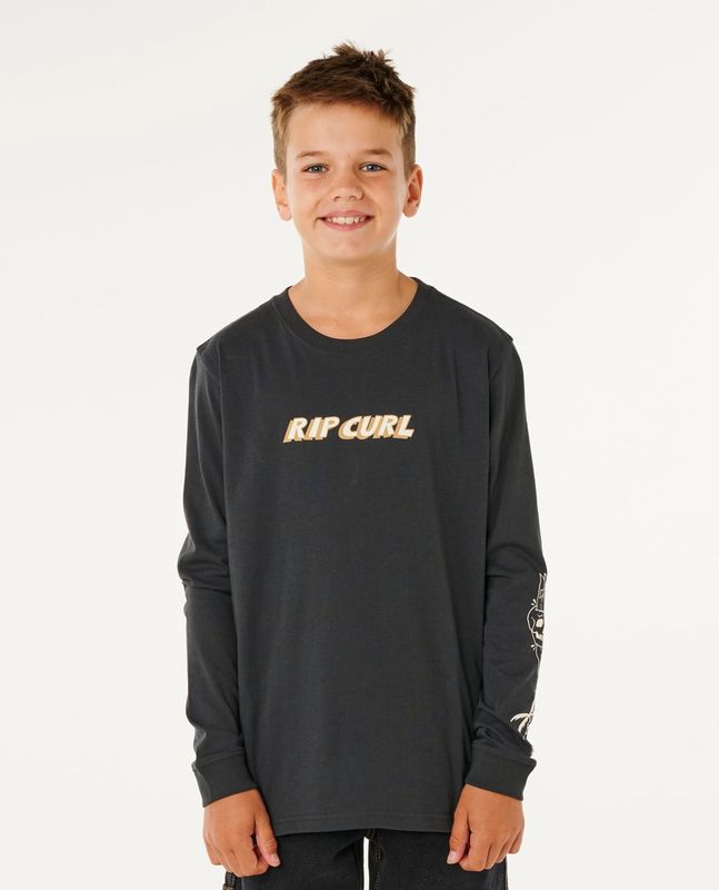 Boy wearing washed black Eternal long sleeve by ripcurl featuring a printed ripcurl logo and graphics on sleeve 
