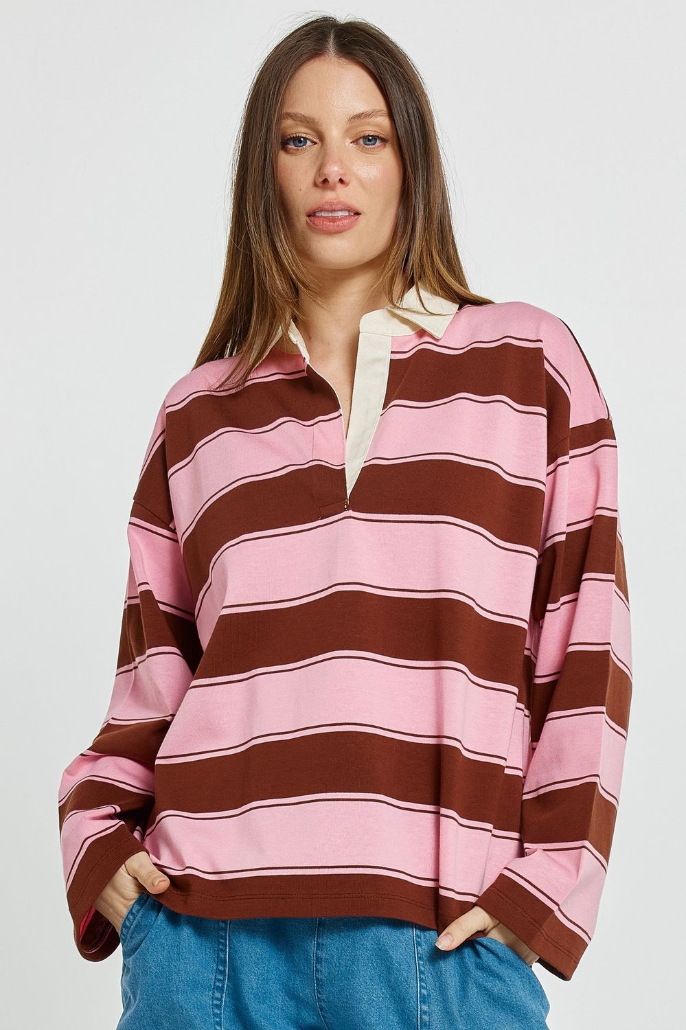 Women wearing Betty Basics Roland Rugby Top in pink and brown with a white collar 