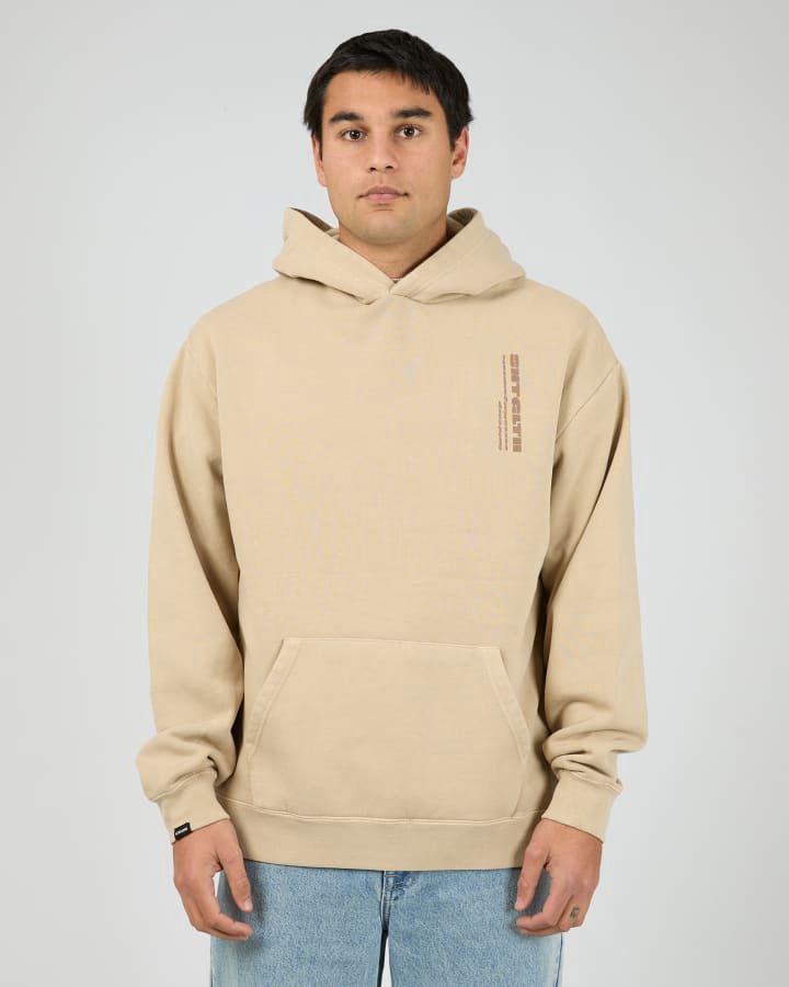 Man wearing the St Goliath Compressor Hoodie in Sand a hoody for men