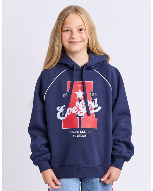 Girl model wearing the Sate League Hoodie in Navy featuring a large Eve girl branding on the front with white piping.