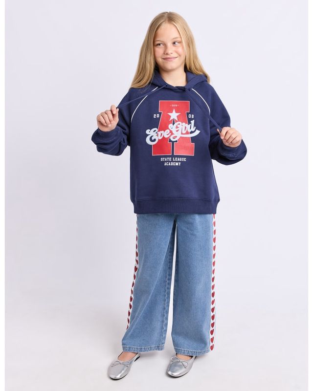 Full body view of the State League Hoodie in Navy by Eve Girl showing the cuffed sleeves and on the bottom 