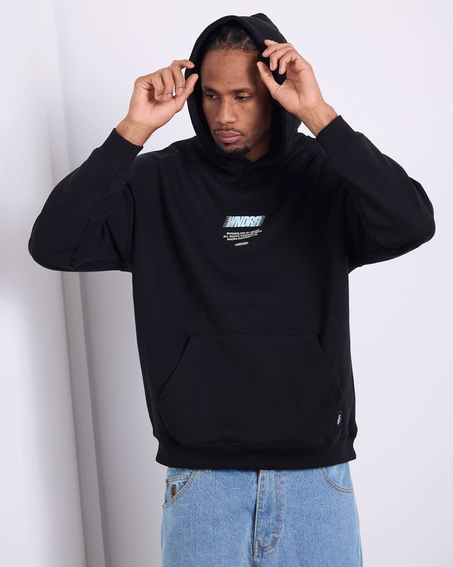 Male Model wearing the Borderless Hood Sweat by WNDRR featuring kangaroo pockets, a small WNDRR logo on the chest

