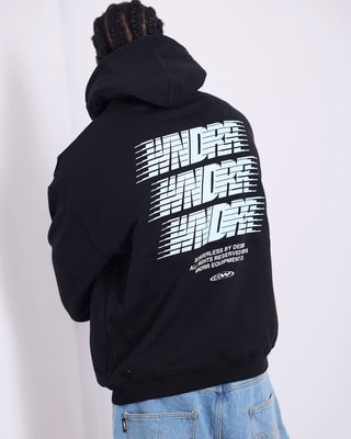 A back view of the Borderless Hood Sweat by WNDRR featuring the tripple branded logo in blue

