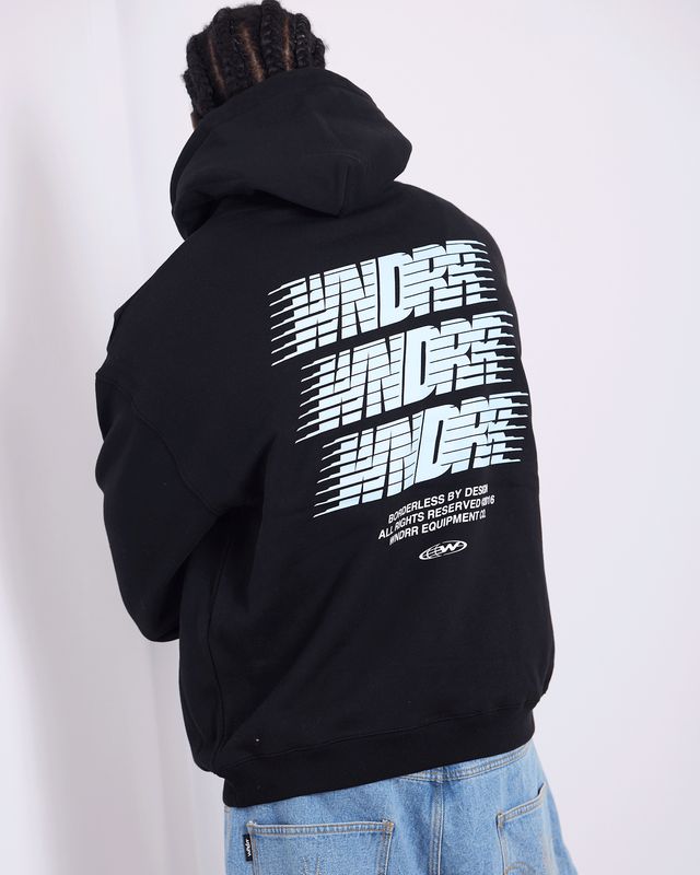 A back view of the Borderless Hood Sweat by WNDRR featuring the tripple branded logo in blue

