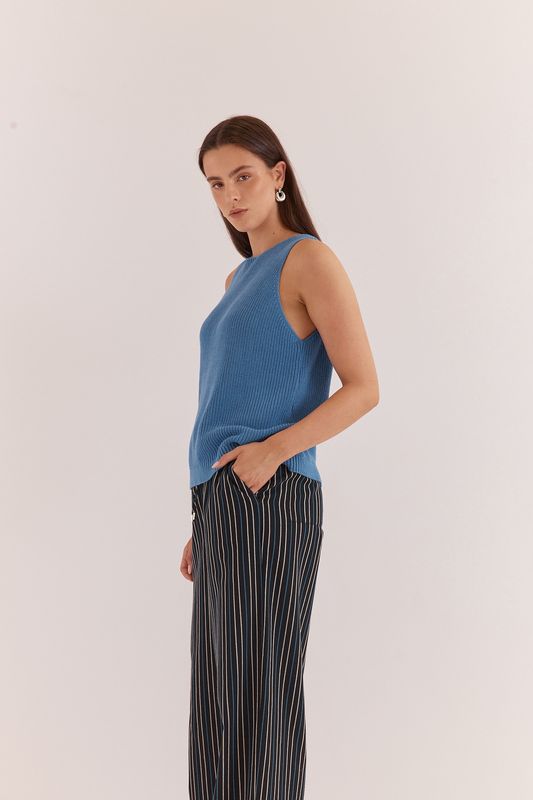 Side view of a womens wearing the Sass Kiani Knit Tank in Blue in a blue colour way in a singlet shape style