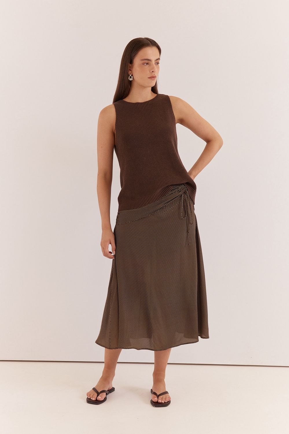 Women wearing the Sass Kiani Knit Tank in brown a tank top made from a knitted material