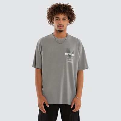 A male model wearing the NXP Moros Box Fit Tee in light grey.

