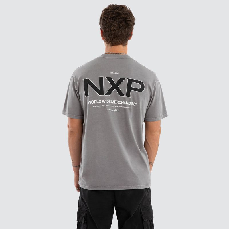 A back view of the Cendra Classic Tee in Light grey, featuring a large NXP logo on the back with white writing.
