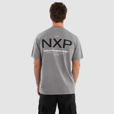 A back view of the Cendra Classic Tee in Light grey, featuring a large NXP logo on the back with white writing.