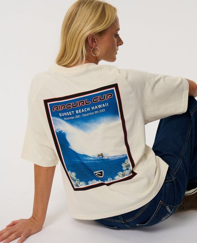 A back view of the Sunset Beach Raglan Boxy Tee featuring a large printed rip curl surf photo on the back.