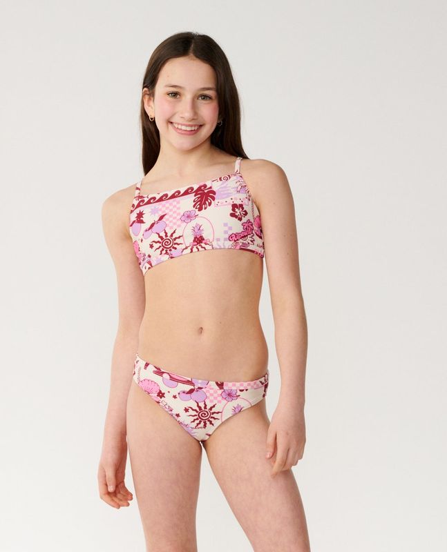 A girl model wearing the Costa Del Sol 3 Piece Set [8-16YEARS] featuring pink/white pattern on the top and bottoms.
