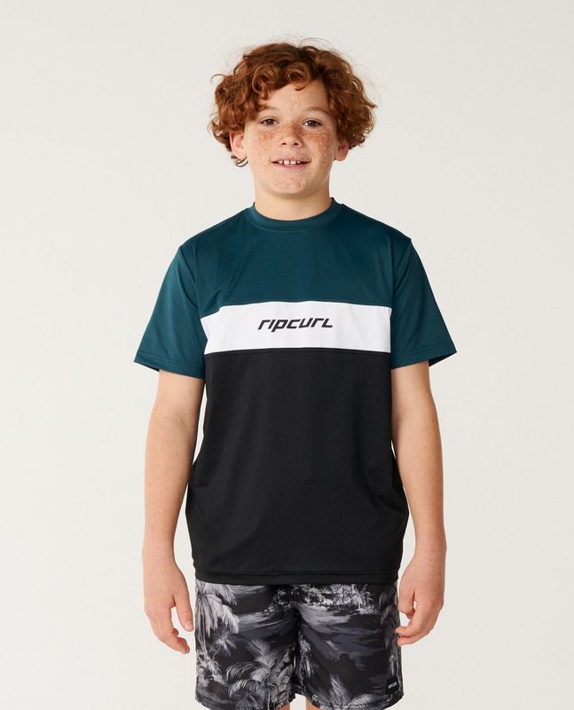 A boy model wearing the Undertow UPF S/S Swim Top [8-16YEARS] showing the quick sow patter in  Green, White and Black stripe.