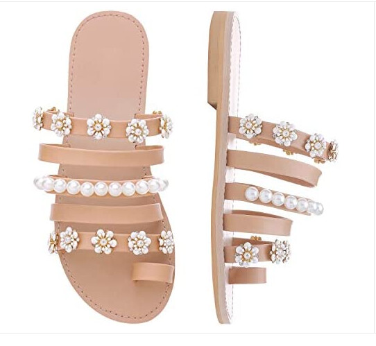 Shoe'N Tale Women Toe Ring Gladiator Flat Sandals Elegant Strappy Flip Flops C-Pearl