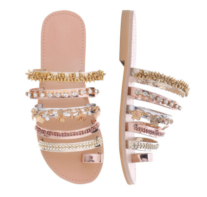 Shoe'N Tale Women Toe Ring Gladiator Flat Sandals Elegant Strappy Flip Flops C-Chain