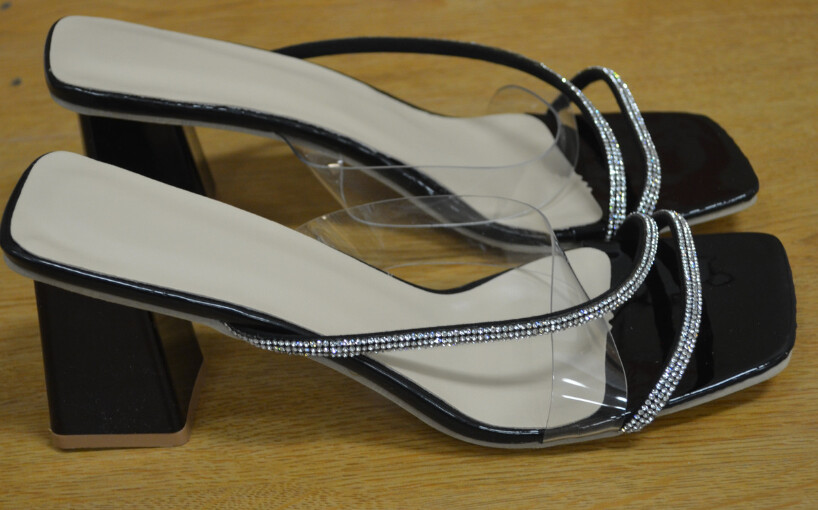Women's Black Block Heel Clear and Sparkly Straps