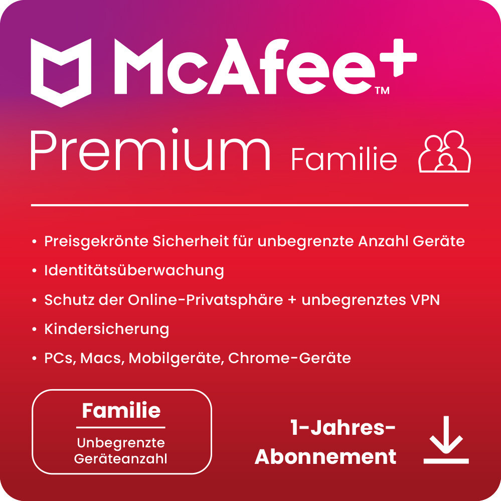 McAfee+ Premium Family | 6 Nutzer/unbegrenzte Geräte | 1 Jahr | stets aktuell | ESD
