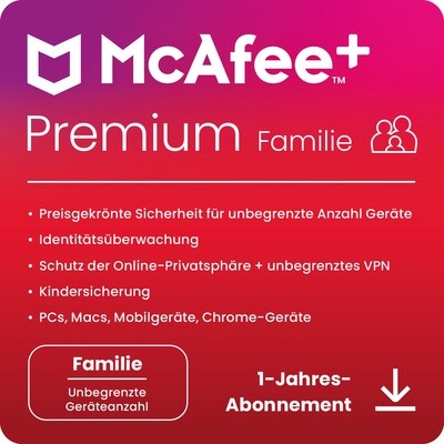 McAfee+ Premium Family | 6 Nutzer/unbegrenzte Geräte | 1 Jahr | stets aktuell | ESD