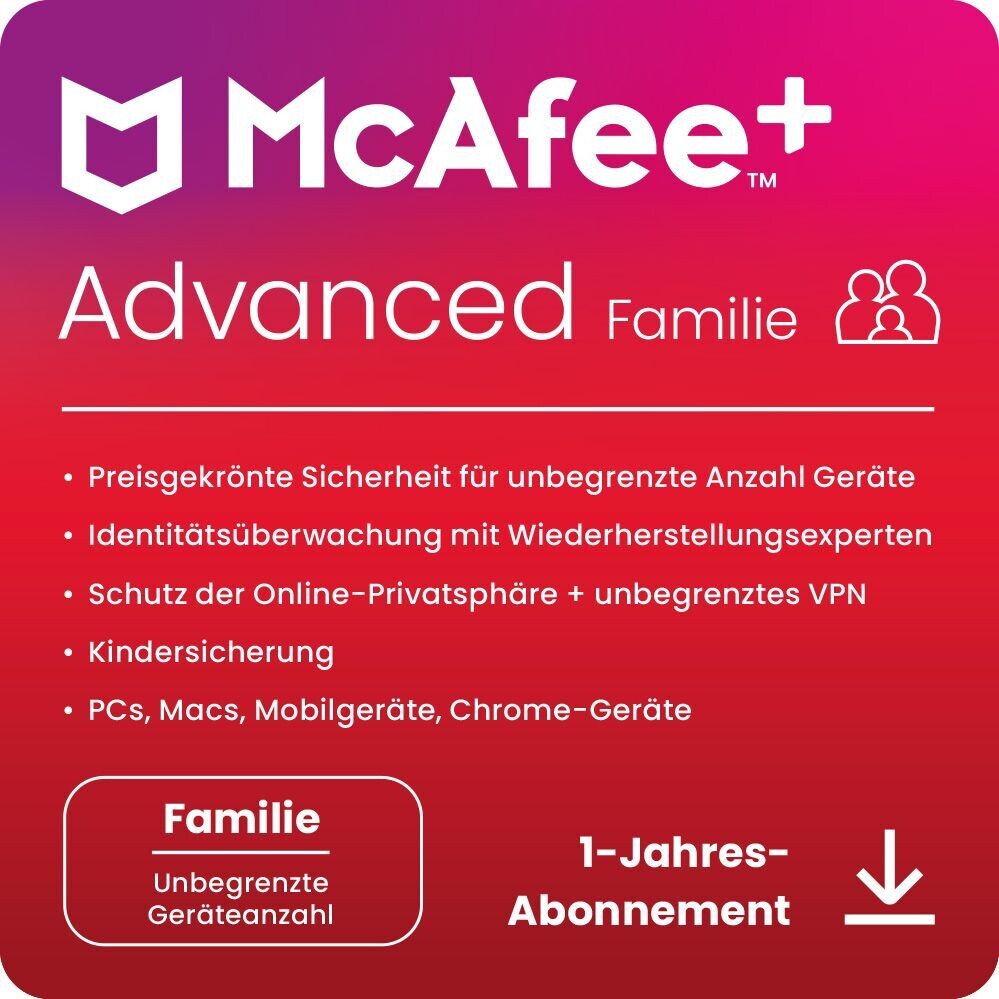 McAfee+ Advanced Family | 6 User/unbegrenzte Geräte | 1 Jahr | stets aktuell | ESD