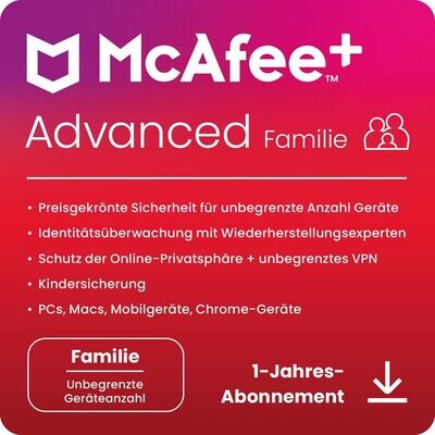McAfee+ Advanced Family | 6 User/unbegrenzte Geräte | 1 Jahr | stets aktuell | ESD