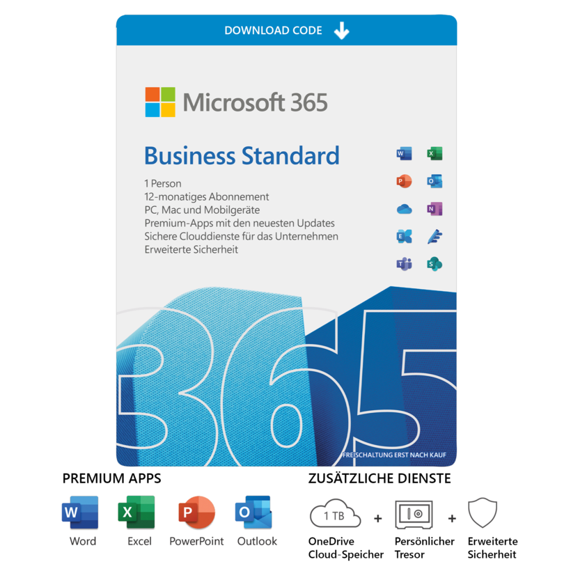 Microsoft 365 Business Standard | 1 Nutzer | 15 Geräte | 1 Jahr | ESD