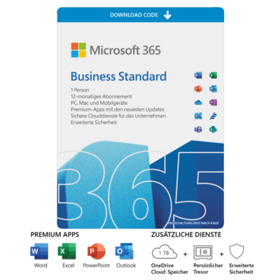 Microsoft 365 Business Standard | 1 Nutzer | 15 Geräte | 1 Jahr | ESD