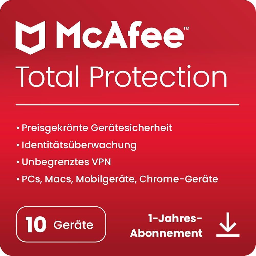 McAfee Total Protection + VPN | 10 Geräte | 1 Jahr | stets aktuell | ESD