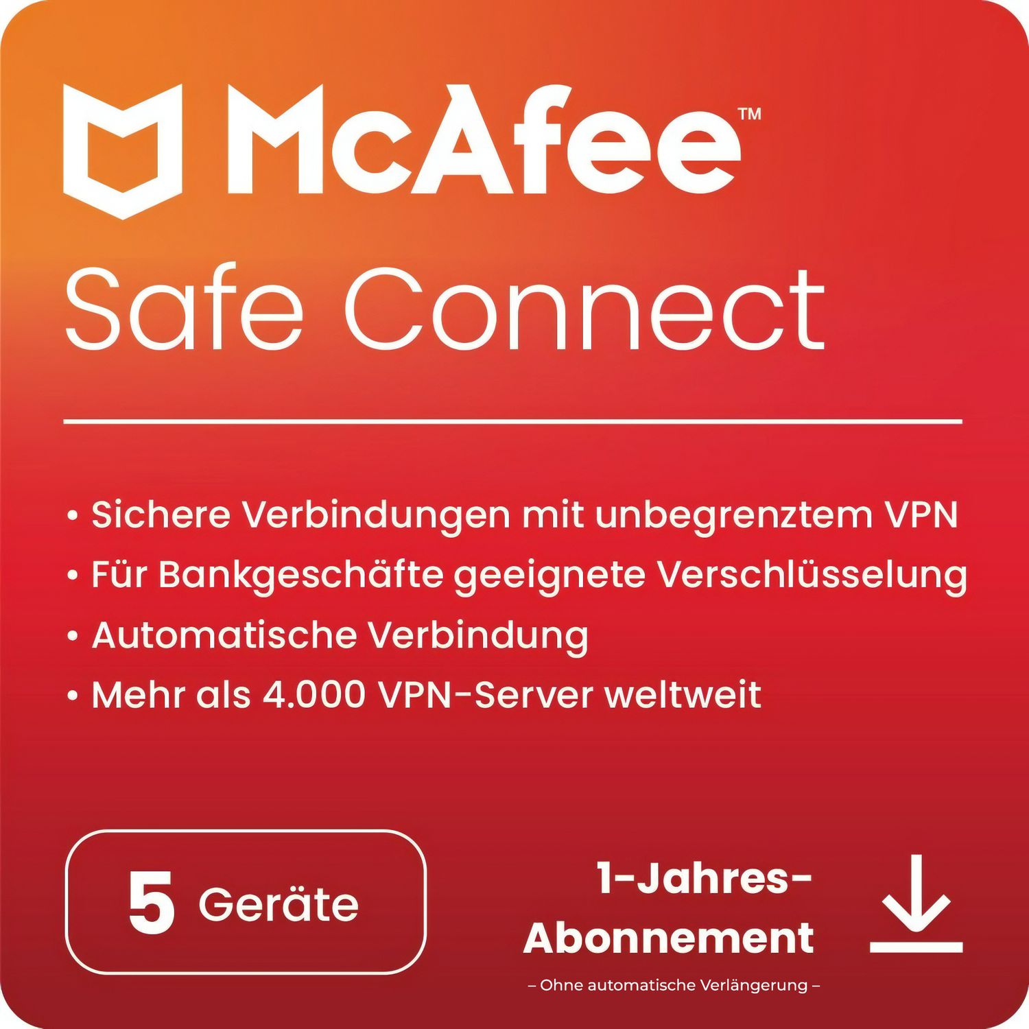 McAfee Safe Connect VPN | 5 Geräte | 1 Jahr | stets aktuell | ESD