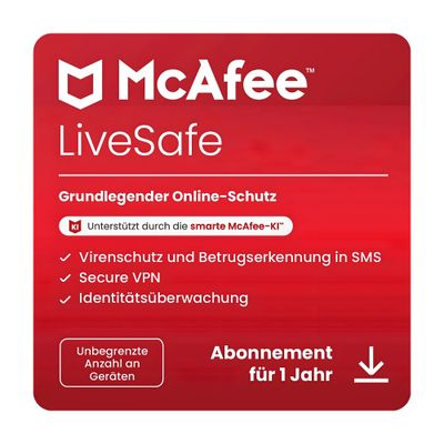 McAfee LiveSafe | unbegrenzte Geräte | 1 Jahr | stets aktuell | ESD