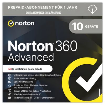 Norton 360 Advanced (VPN, PW-Manager &amp; 200 GB Cloud) | 10 Geräte | 1 Jahr | kein autom. Abo | ESD
