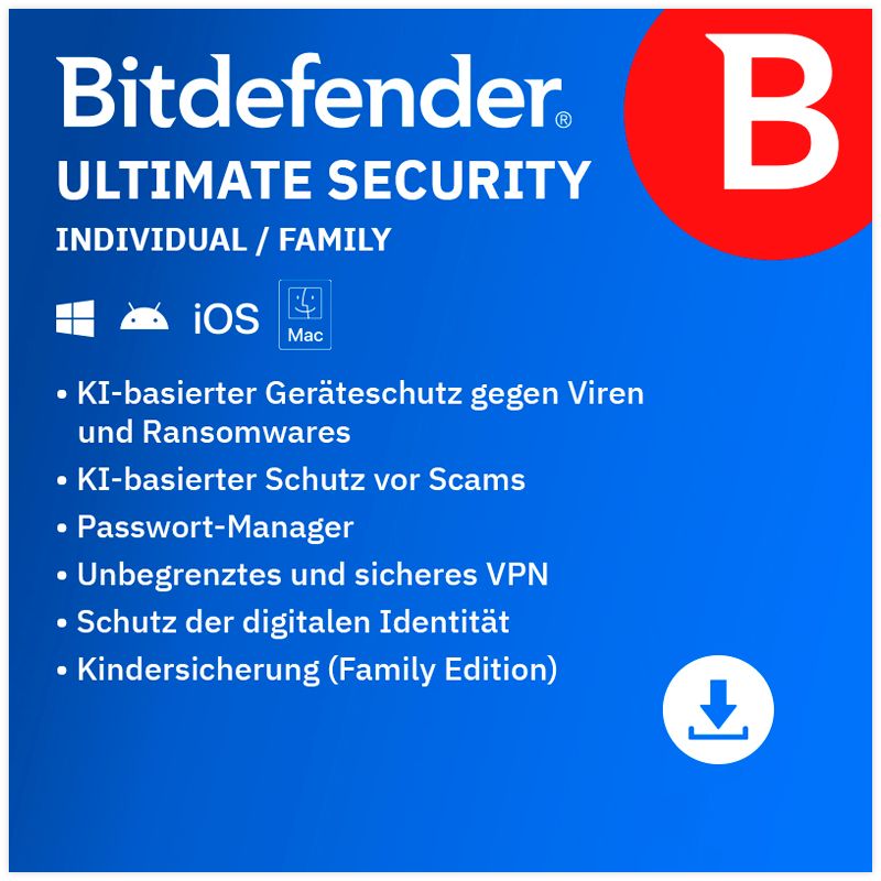 Bitdefender Ultimate Security Family | 25 Geräte | 1 Jahr | stets aktuell | ESD