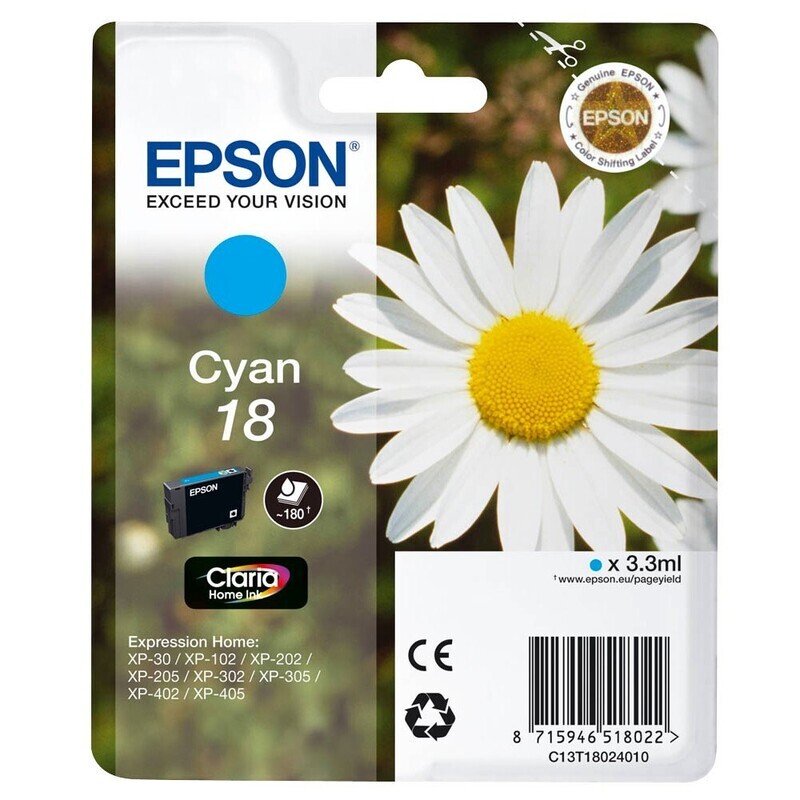 Original Epson T1802 / 18 Cyan Druckerpatrone / C13T18024012 Original Epson T1802 / 18 Cyan Druckerpatrone / C13T18024012