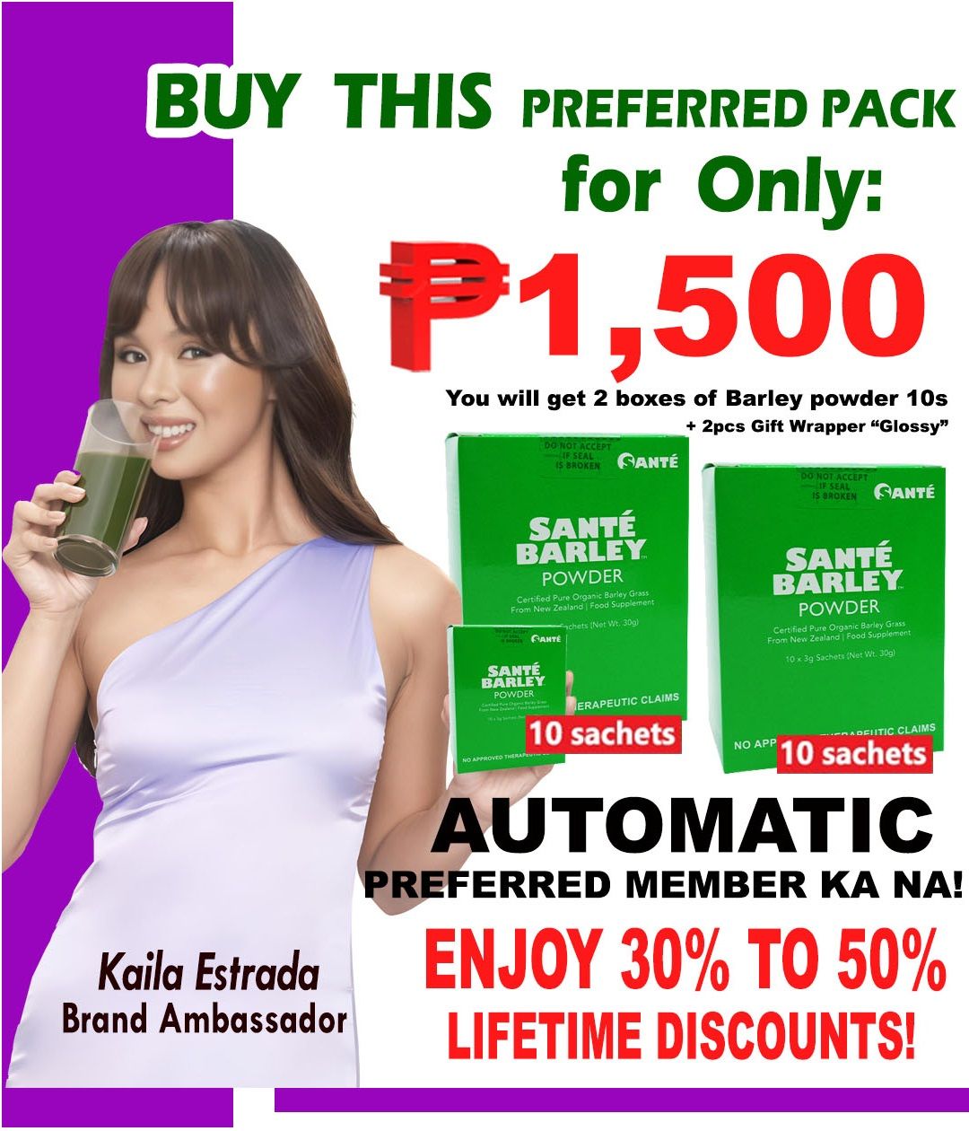 Sante Preferred Member Package (2 Boxes of Sante Barley Powder (3grams per sachet/10sachet) FREE SHIPPING
