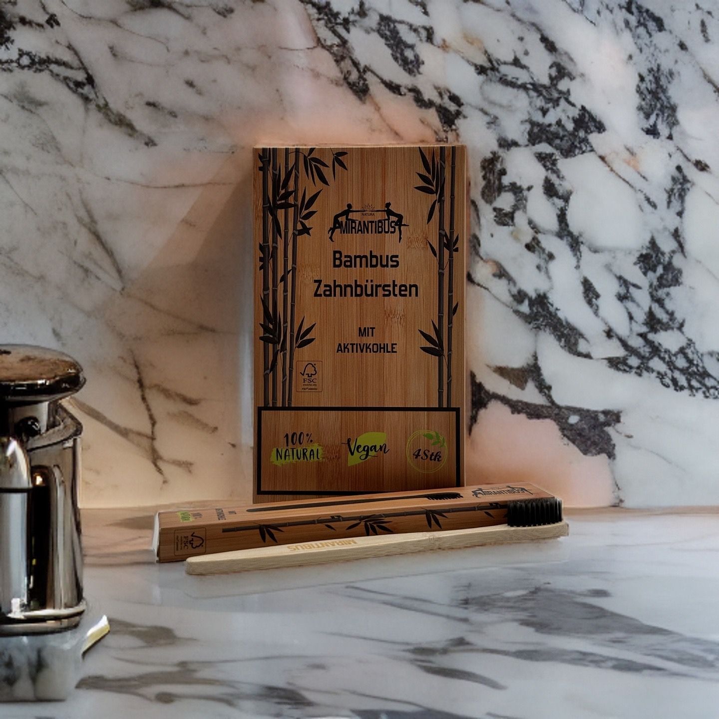 Bambus Zahnbürste mit Aktivkohle 4er Set