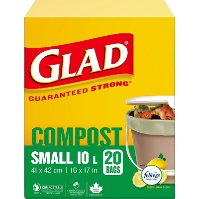 BAGS-GARBAGE, GLAD COMPOSTABLE SMALL, 10L 16&quot;X17&quot; 20/BOX