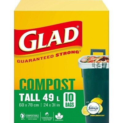 BAGS-GARBAGE, GLAD COMPOSTABLE TALL, 49L 24&quot;X31&quot; 10/BOX