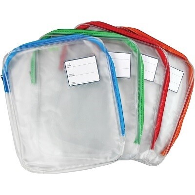 POUCH-BACKPACK, CLEAR WITH COLOURED ZIPPERS