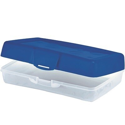 PENCIL BOX-SMALL, BLUE LID/CLEAR BOTTOM