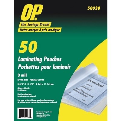 LAMINATING POUCH-OP BRAND LETTER SIZE 3MIL 50/PK 6008901