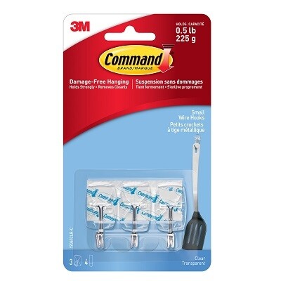HOOK-COMMAND ADHESIVE, SMALL WIRE, CLEAR, 3/PK