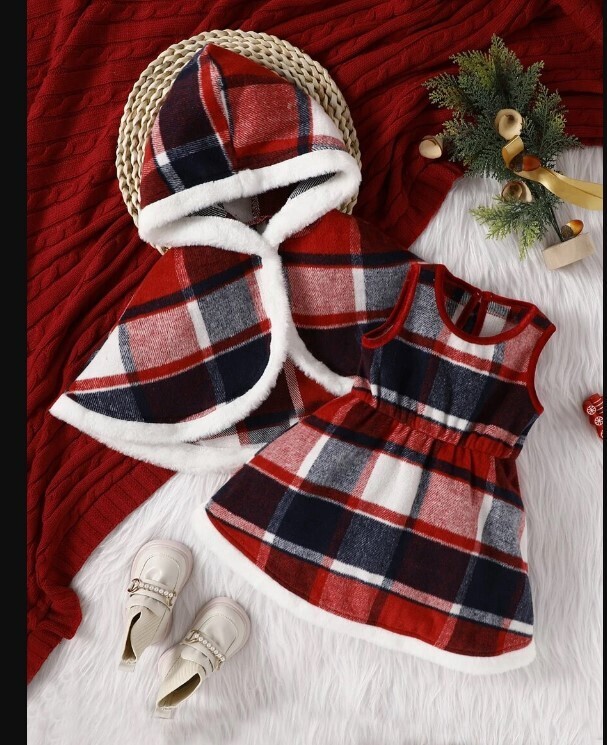 Baby Plaid Contrast Fuzzy Trim Dress &amp; Hooded Cape Coat