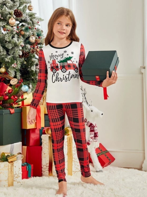 Girls 1pc Christmas Print Snug Fit Sleep Tee &amp; Sleep Pants