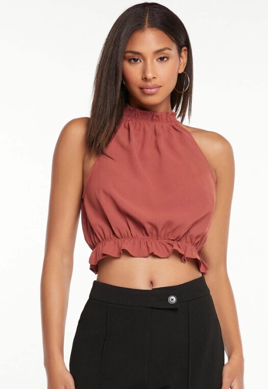 Tall Tie Back Ruffle Hem Crop Halter Top