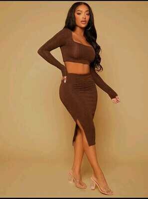 Square Neck Crop Top &amp; Split Thigh Skirt